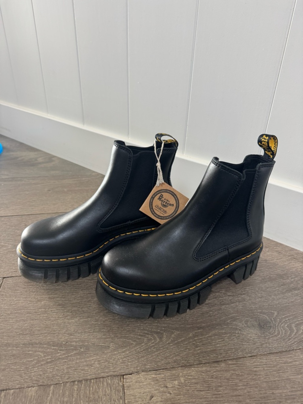 Dr. Martens Black Leather Chelsea Platform Lug Boots with Yellow Stitching